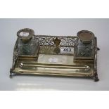 A Fully Hallmarked Sterling Silver Inkstand and glass inkwells With maker marks for Charles Stuart