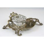 Rococo Style Brass Standish with Single Glass Inkwell, 20cms long