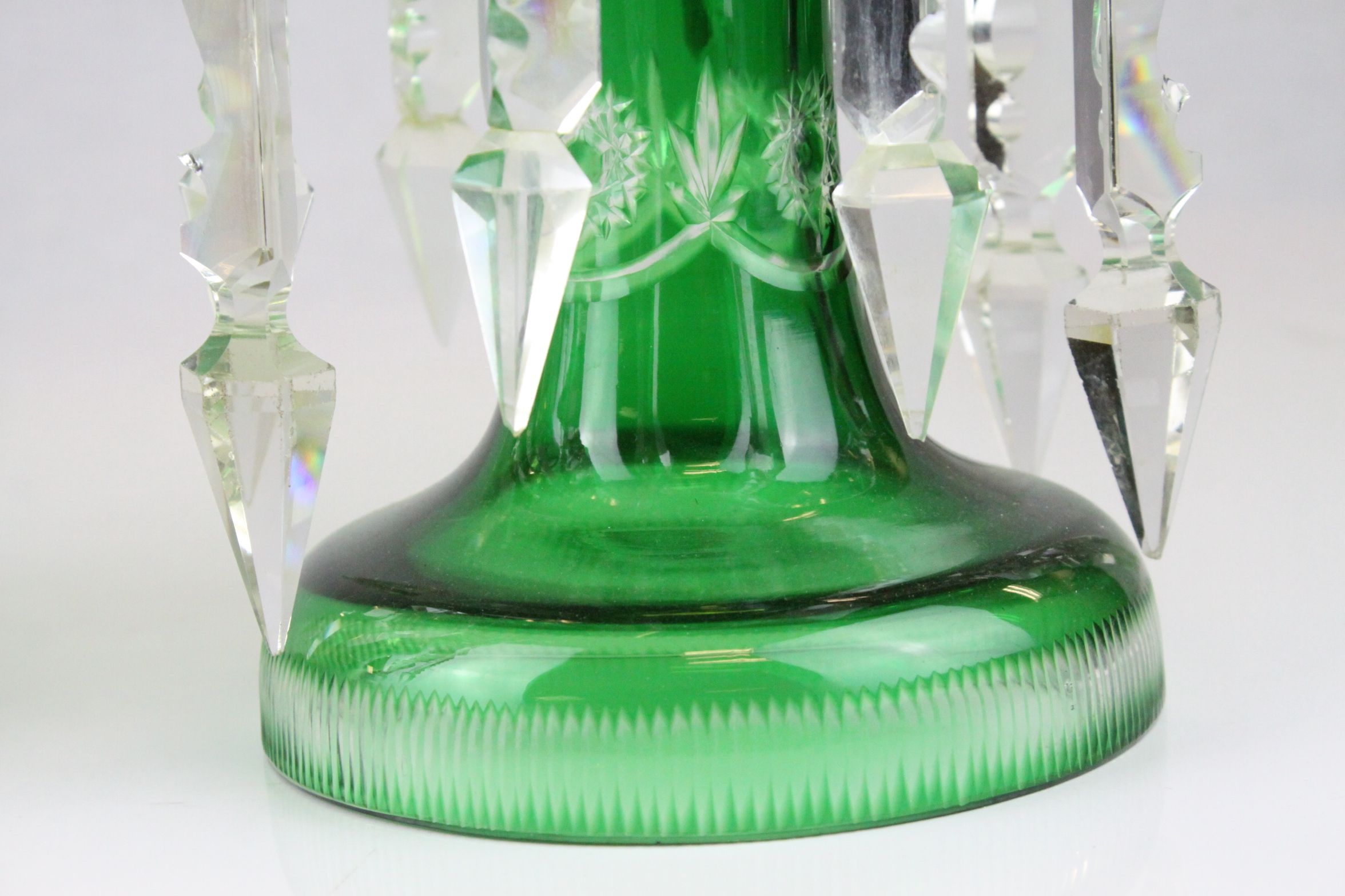 Pair of Victorian Cut Green Glass Table Lustres each with Eight Clear Glass Lustre Drops, 37cms - Image 9 of 10