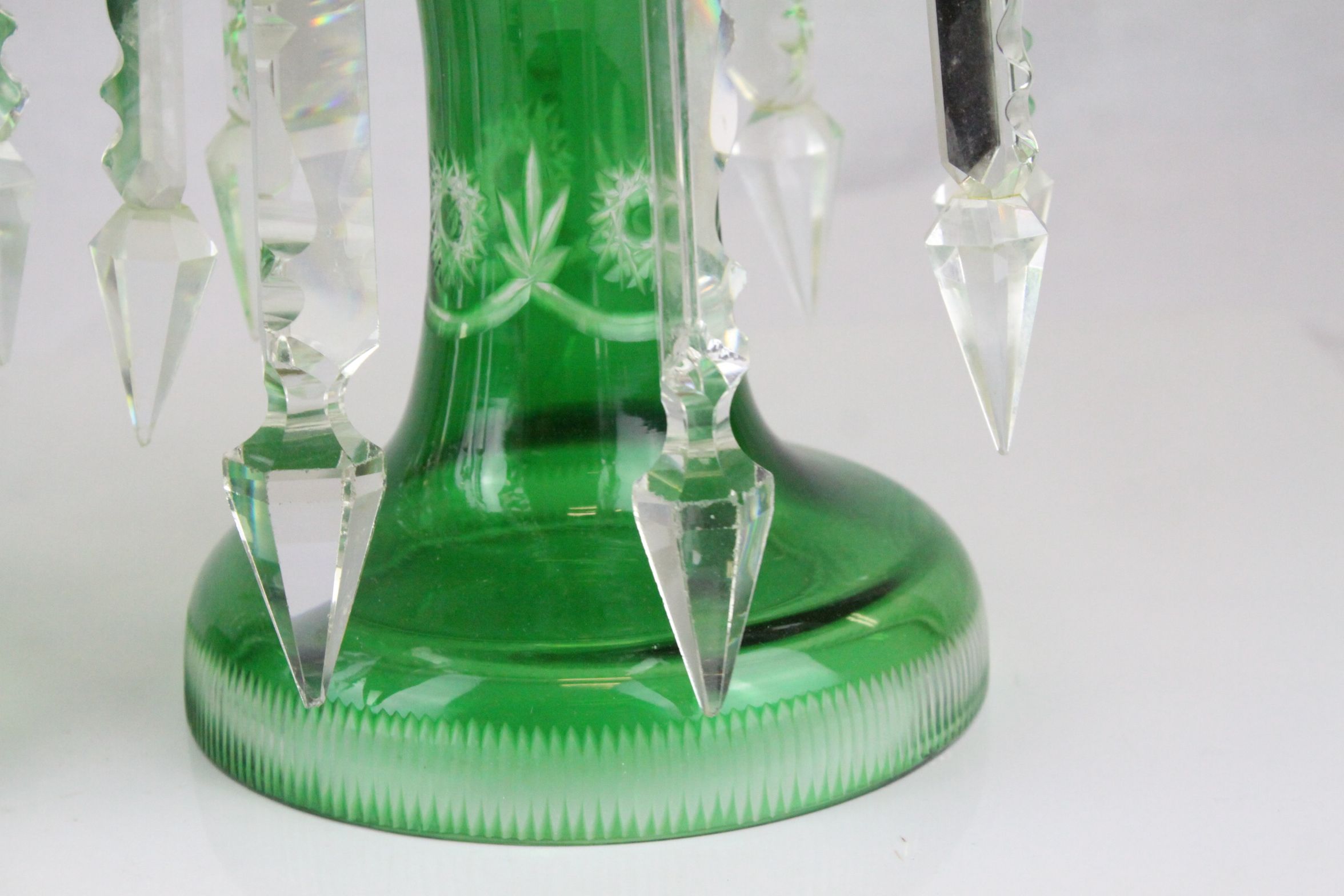 Pair of Victorian Cut Green Glass Table Lustres each with Eight Clear Glass Lustre Drops, 37cms - Image 4 of 10