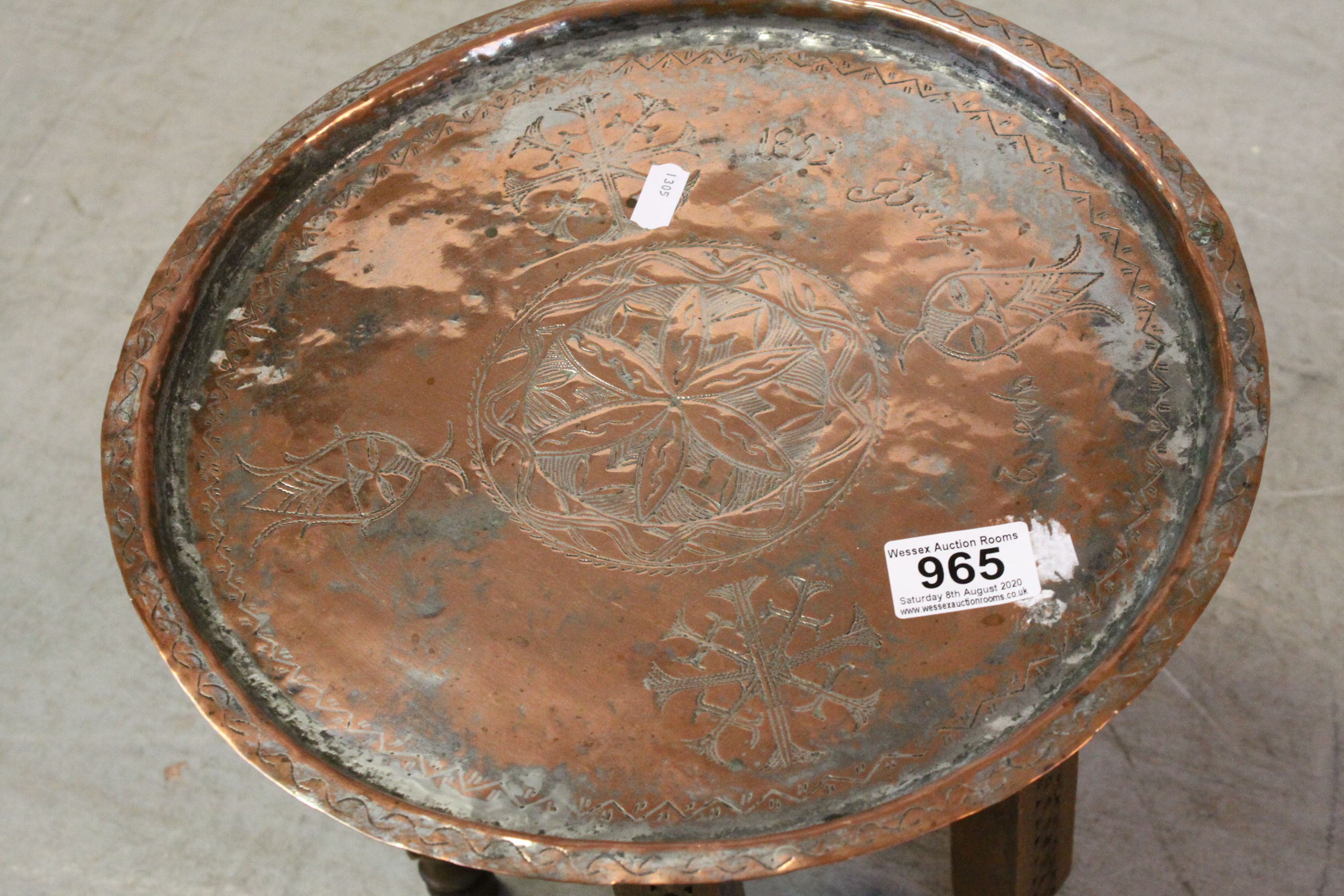 Small Asian Copper Engraved Table on Folding Wooden Base, 32cms diameter - Image 3 of 3