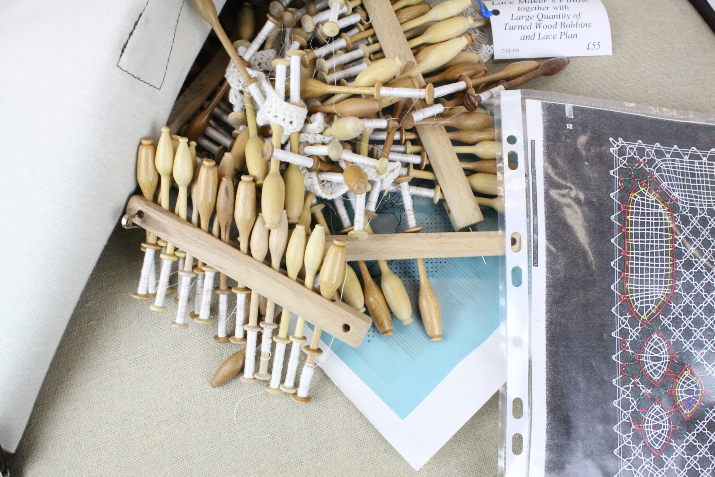 A lace makers cushion / pillow together with wooden boboins in a leather carrying case. - Image 2 of 2