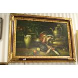 Large Oil Painting on Board of a Still Life Scene with Fish, 60cms x 90cms, contained in an ornate