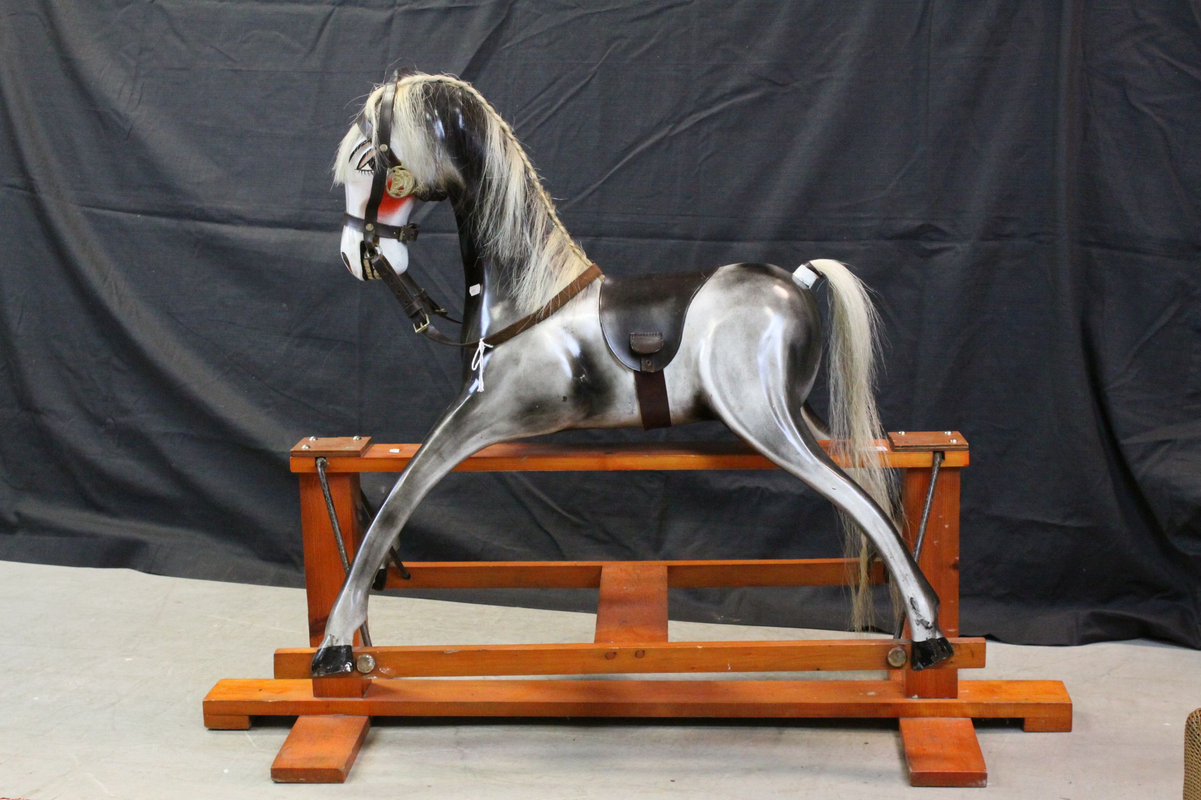 Fibreglass Grey Rocking Horse with Leather Bridle and Saddle, Horse Hair Mane & Tail, raised on a - Image 2 of 9