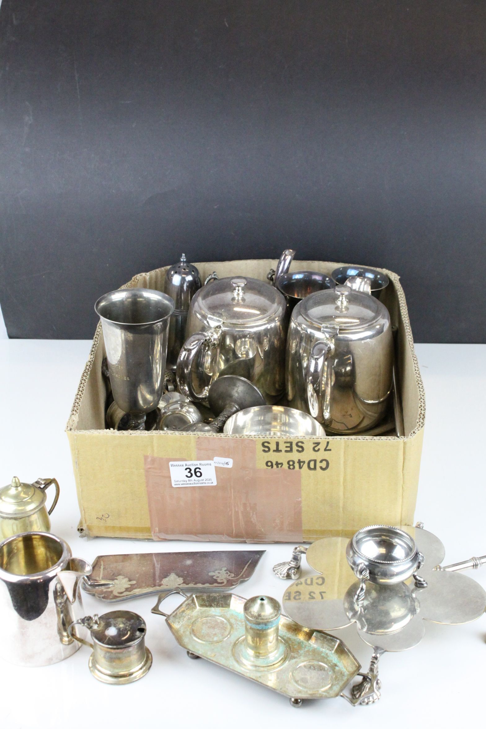 Box of silver plate to include; teapots, cruet set, goblets etc