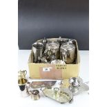 Box of silver plate to include; teapots, cruet set, goblets etc