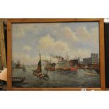 Van Reken, Conrad (1878 - 1959), Dutch School, Large Oil Painting on Canvas of Harbour Scene, signed