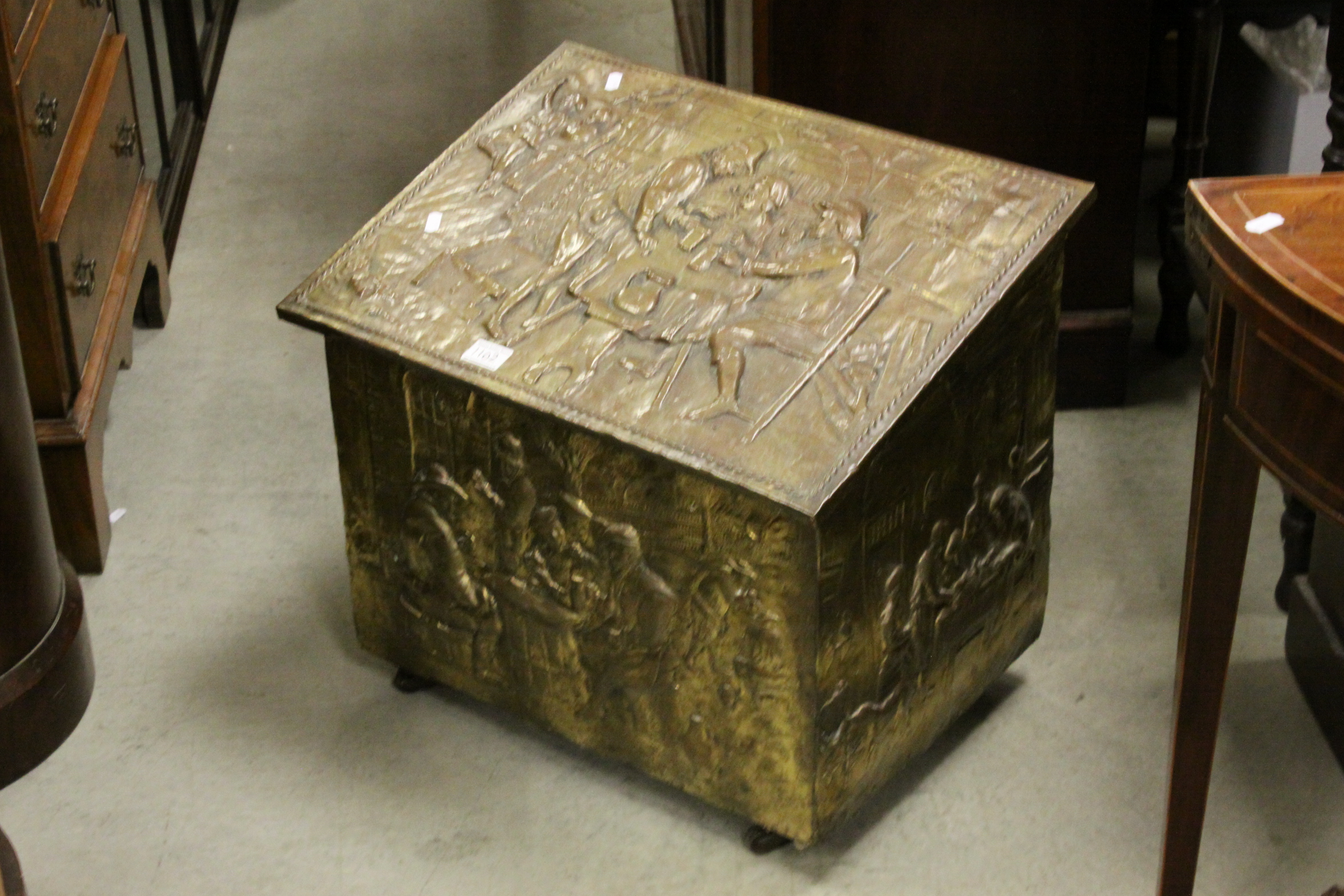 Brass Relief Covered Coal Box, 56cms wide