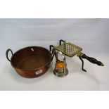 Victorian Copper Twin Handled Cooking Pan, Brass and Iron Trivet, Set of Four Stacking Bowls with