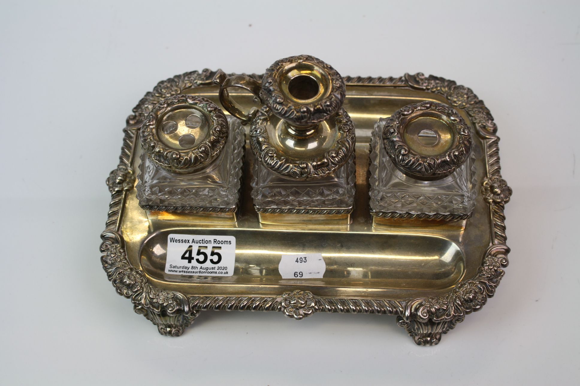 A George IV Fully Hallmarked sterling silver inkstand with cut glass bottles, hallmarked for S.C.