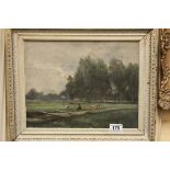 19th/20th century oil on panel of figures collecting watercress, inscribed verso 'near Bromley',