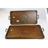 Two Early 20th century Oak Twin Handled Trays decorated with Geishas, the largest 61cms wide