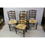 Set of Four Oak Ladder Back Dining Chairs with Rush Seats