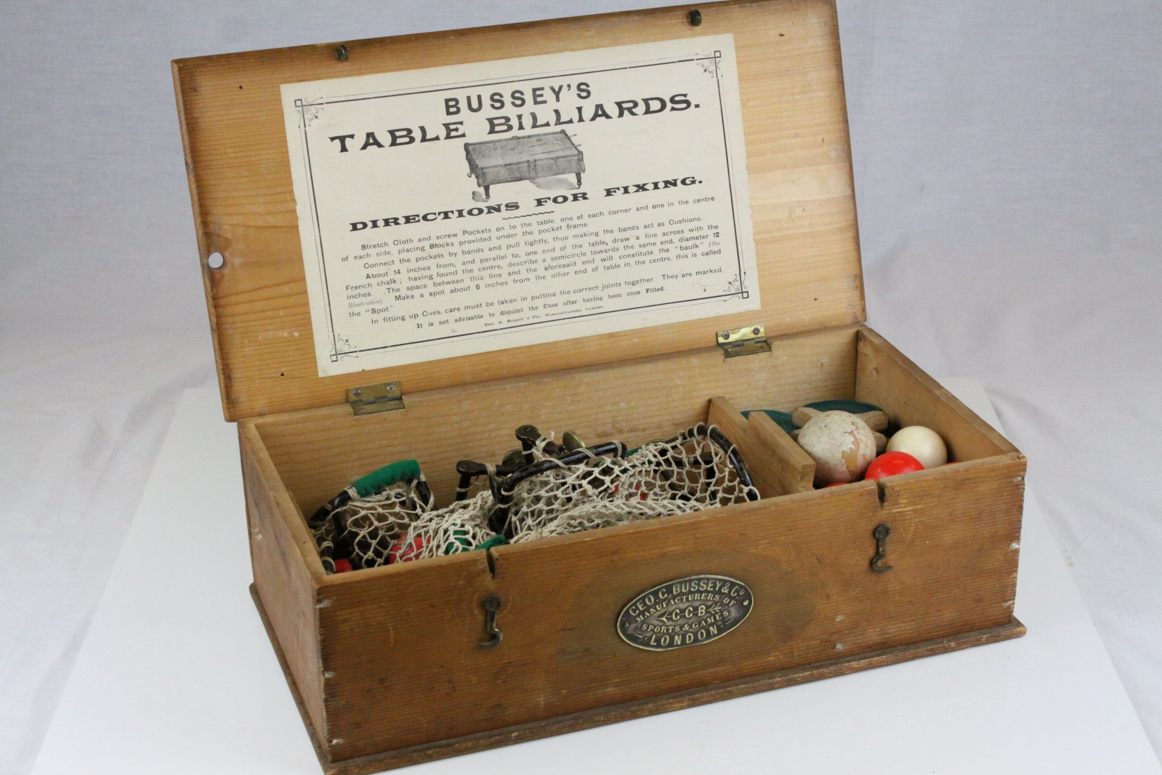 George C Bussey & Co Table Billards Set contained within it's original Pine Box with Brass Plaque to