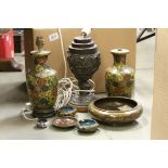 Quantity of cloisonne items two include pair of lamps converted from vases and a bronzed spelter