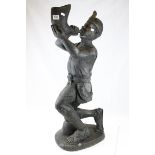 Large Carved Stained Wooden Figure of a Man blowing a Horn, 93cms high