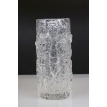 Whitefriars Cylindrical Clear Glass Vase with Textured Bark Pattern finish, 9" high and 4" diameter