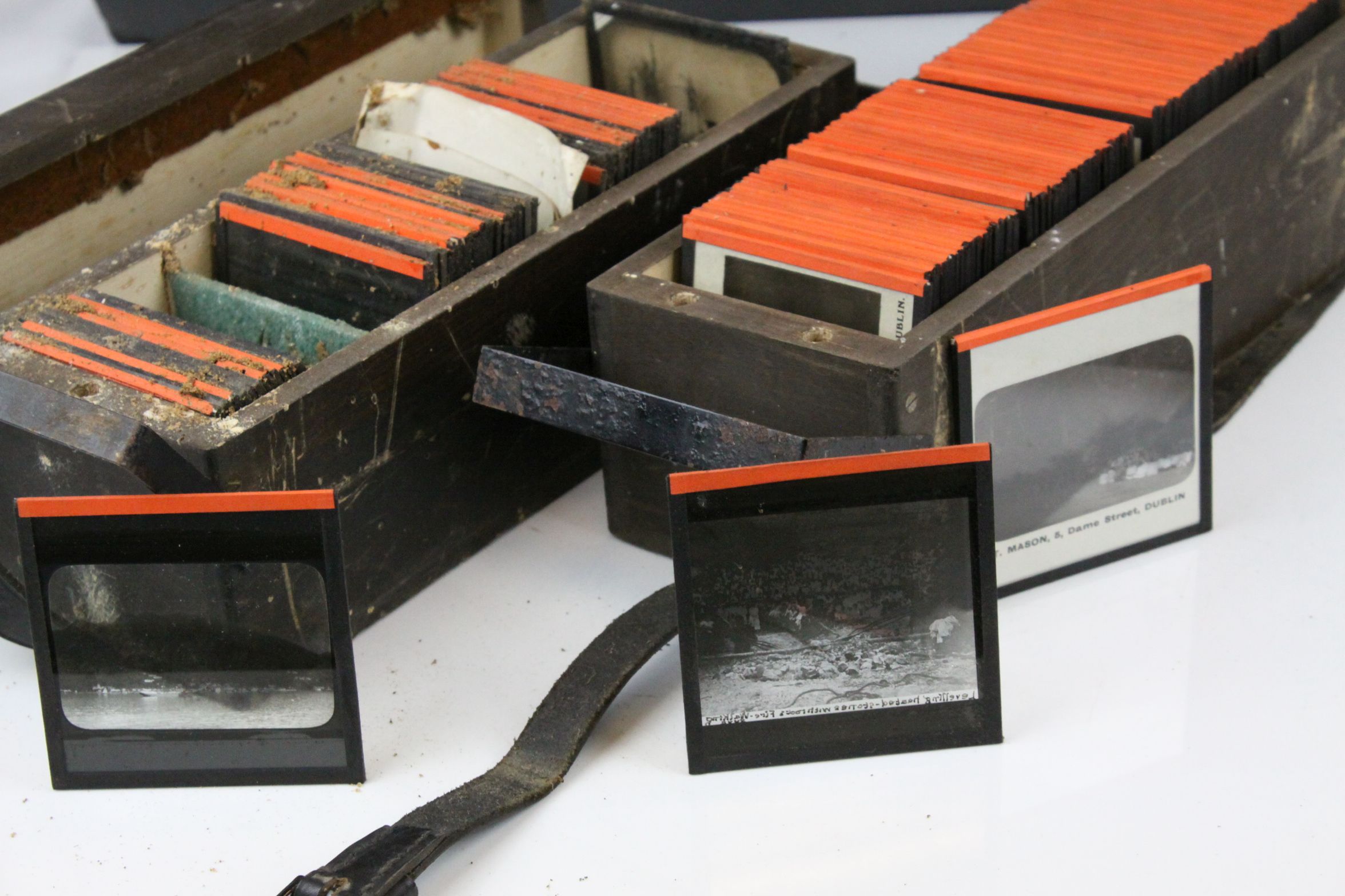 Two Early 20th century Wooden Magic Lantern Slides Boxes containing a numerous Magic Lantern