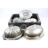 Two Silver Plated Cloches / Game Covers together with a Silver Plated Entree Dish and other Silver