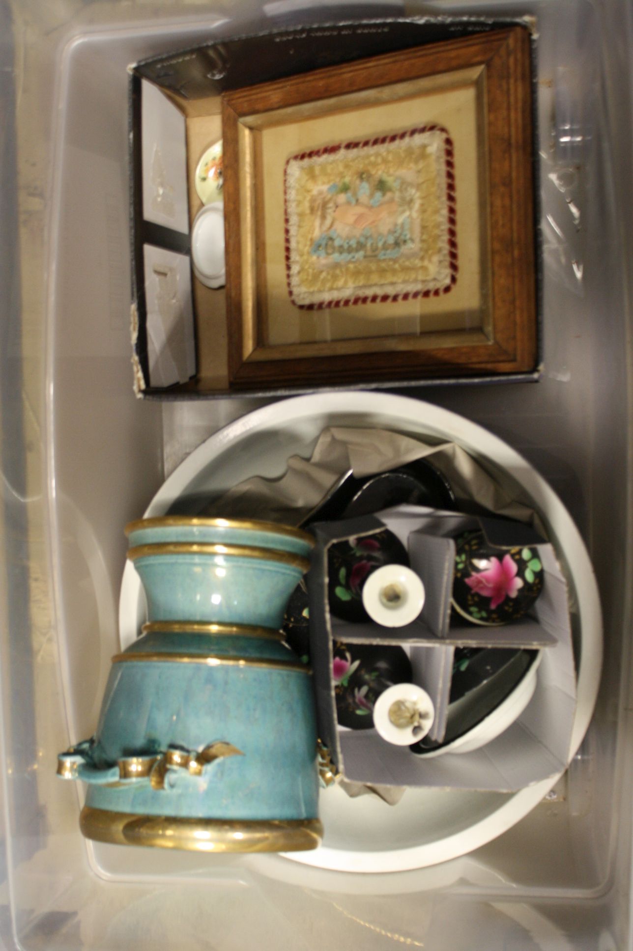Mixed Lot to include Ceramic Dressing Table Set and Wash Set, Framed and Glazed Good Luck Picture,