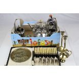 Box of mainly silver plate to include tea set ,cased flatware together with staffordshire figure and