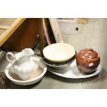 Mixed Lot of Ceramics including Large T G Green Mixing Bowl, Lidded Jar, Washbowl and Jug, etc