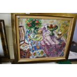 A studio framed still life Impressionist scene table setting with flower and fruit, signed A. Roland