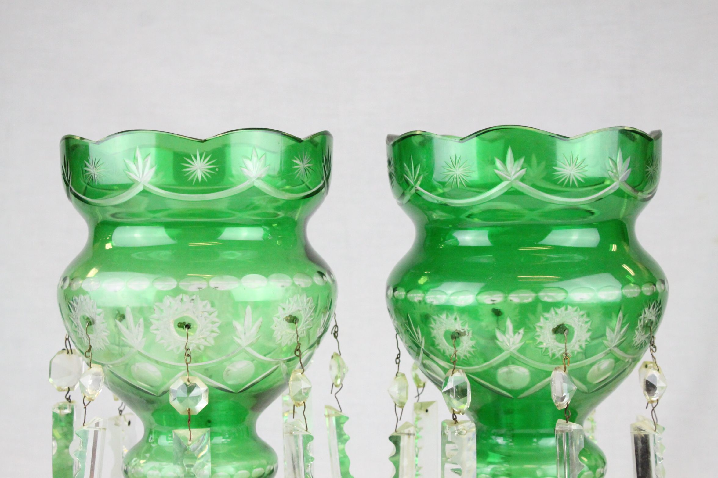 Pair of Victorian Cut Green Glass Table Lustres each with Eight Clear Glass Lustre Drops, 37cms - Image 2 of 10