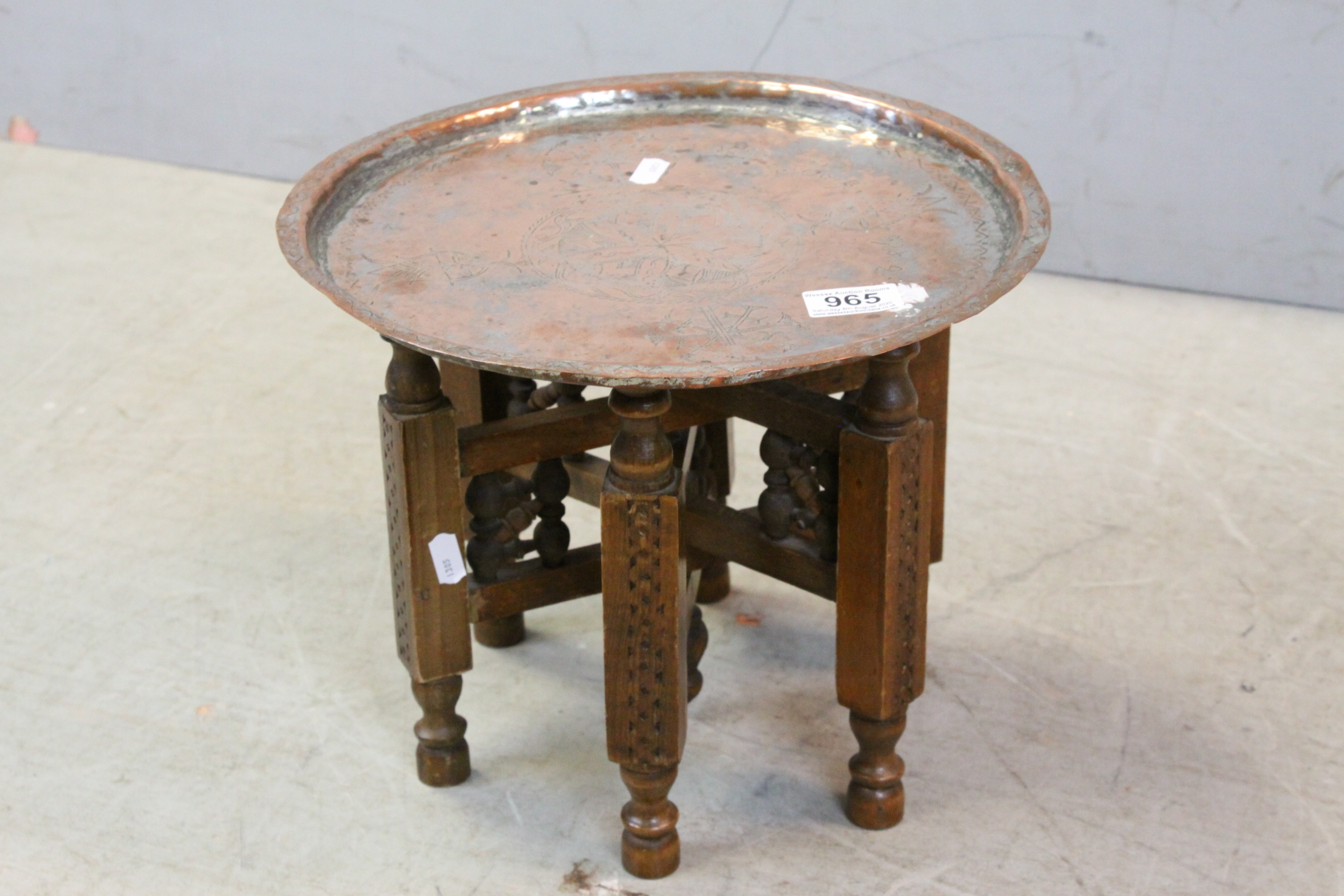 Small Asian Copper Engraved Table on Folding Wooden Base, 32cms diameter