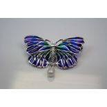 Silver and Plique a Jour Butterfly Brooch with Pearl Drop
