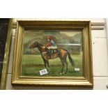 Oil Painting of Racehorse and Jockey signed Juliet McLeod, labels to verso