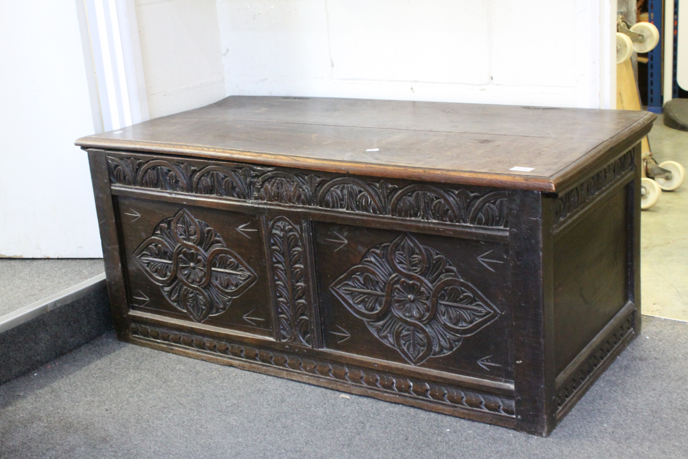 Antique Oak Coffer with Carved Panel to front, 120cms long x 50cms high