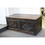 Antique Oak Coffer with Carved Panel to front, 120cms long x 50cms high