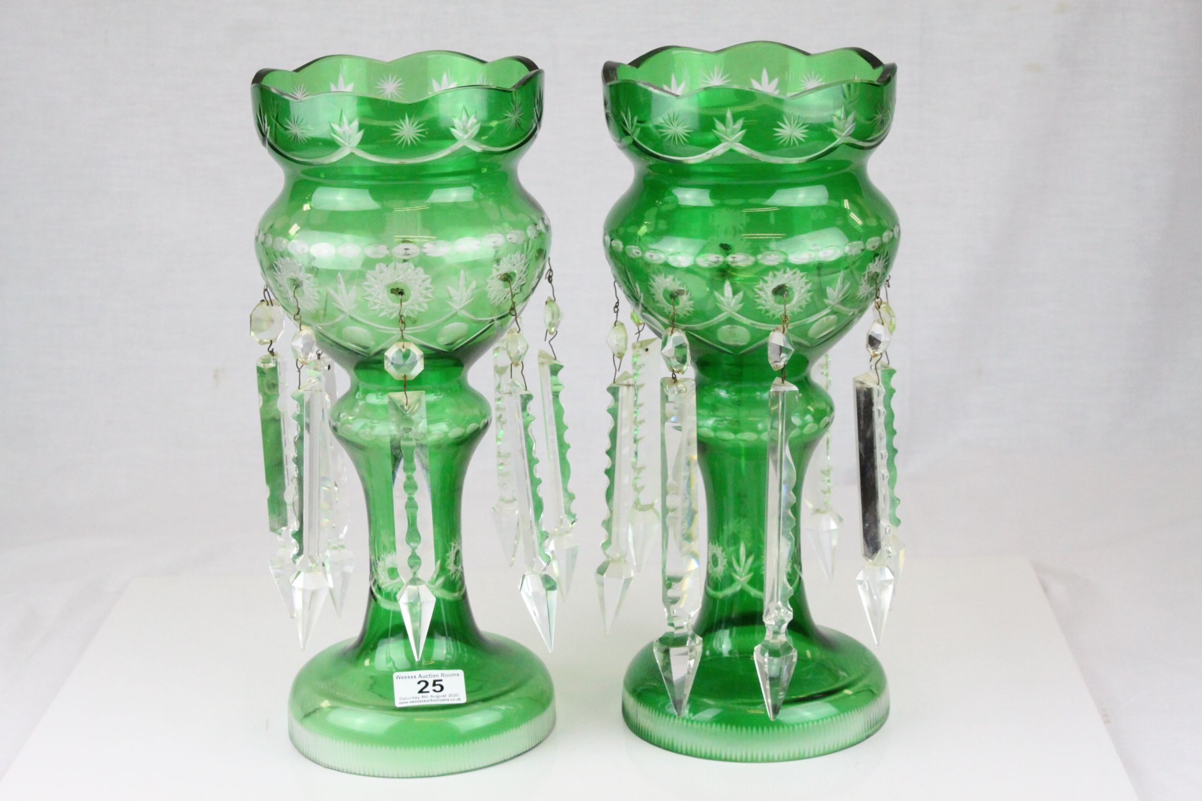 Pair of Victorian Cut Green Glass Table Lustres each with Eight Clear Glass Lustre Drops, 37cms