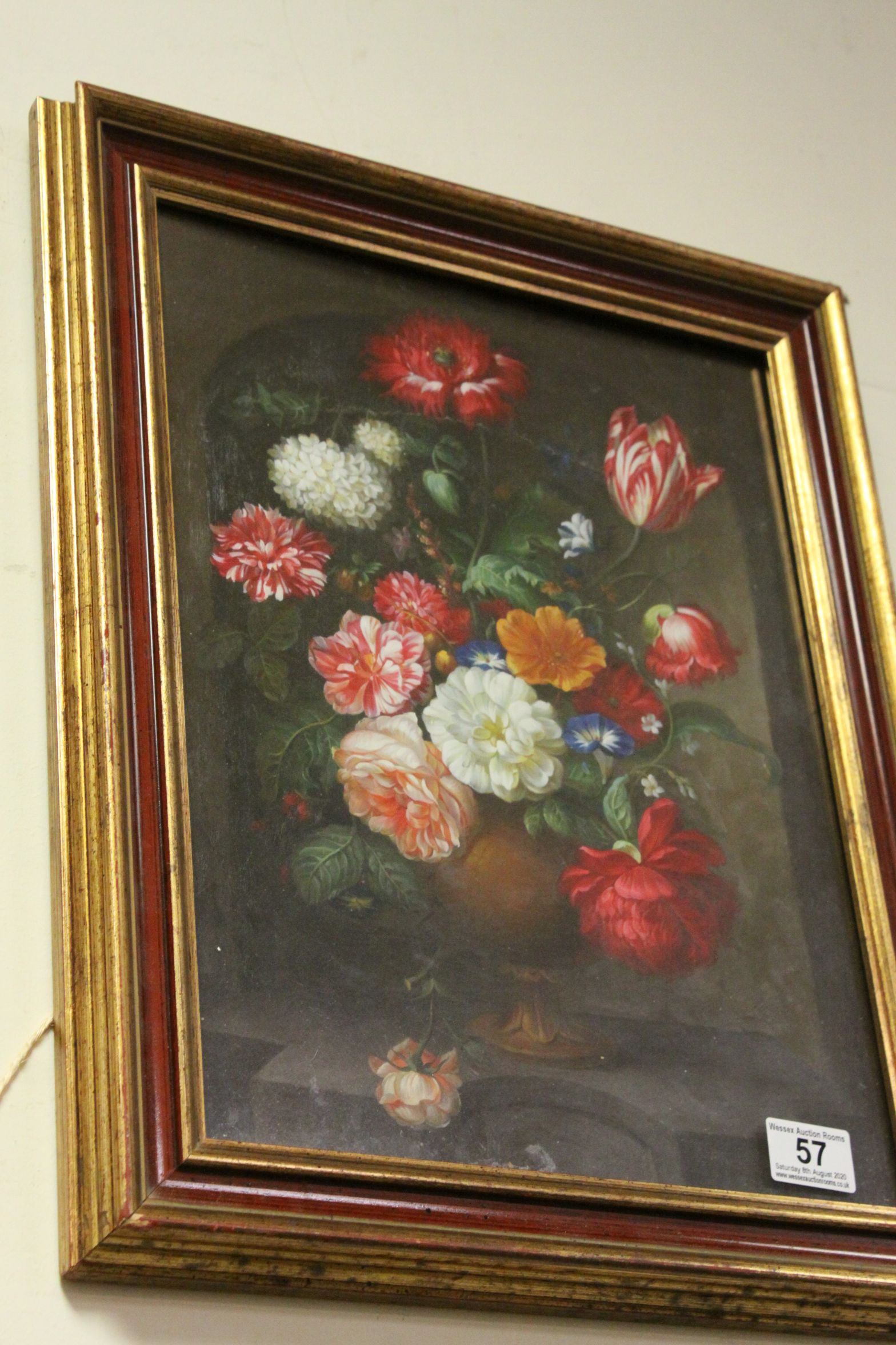 Oil on panel, Classical study of flowering blooms in an urn, 39.5 x 29cm