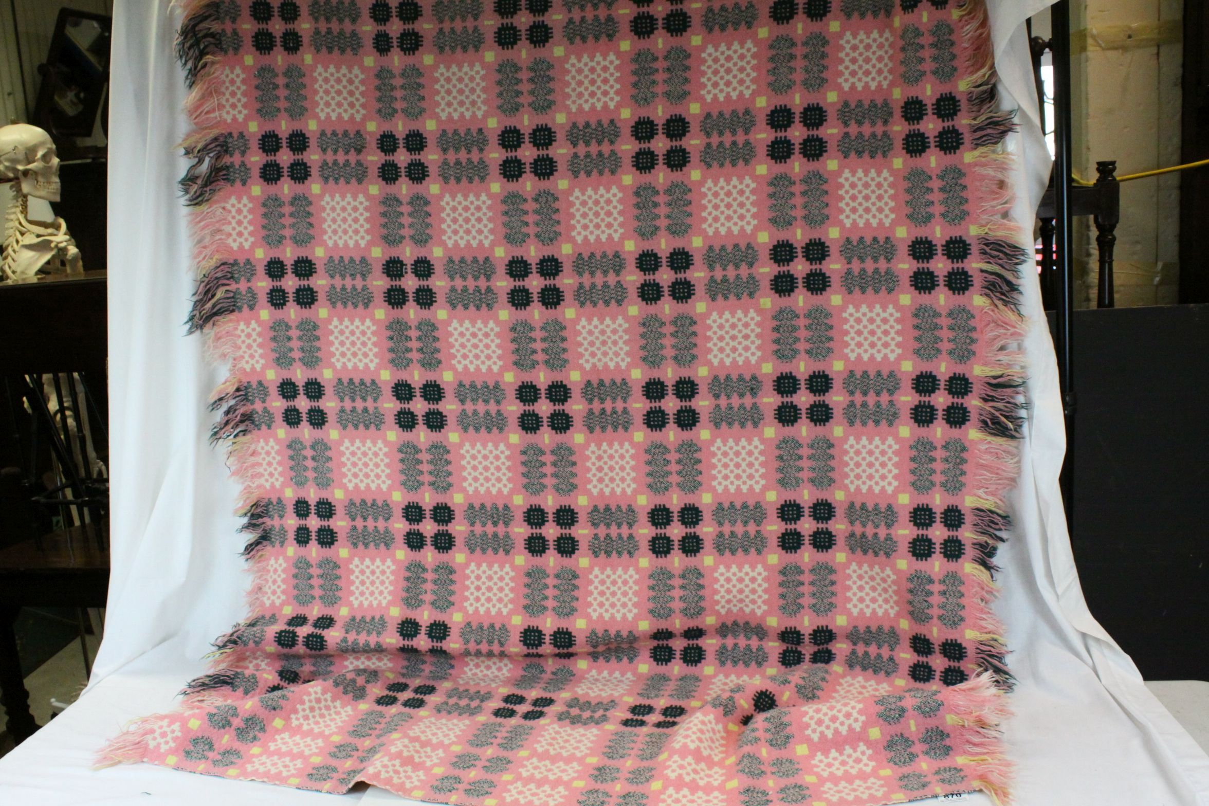 Two Welsh Blankets, Yellow, Pink and Green Geometric Pattern, the largest with label ' A Derw - Image 4 of 5