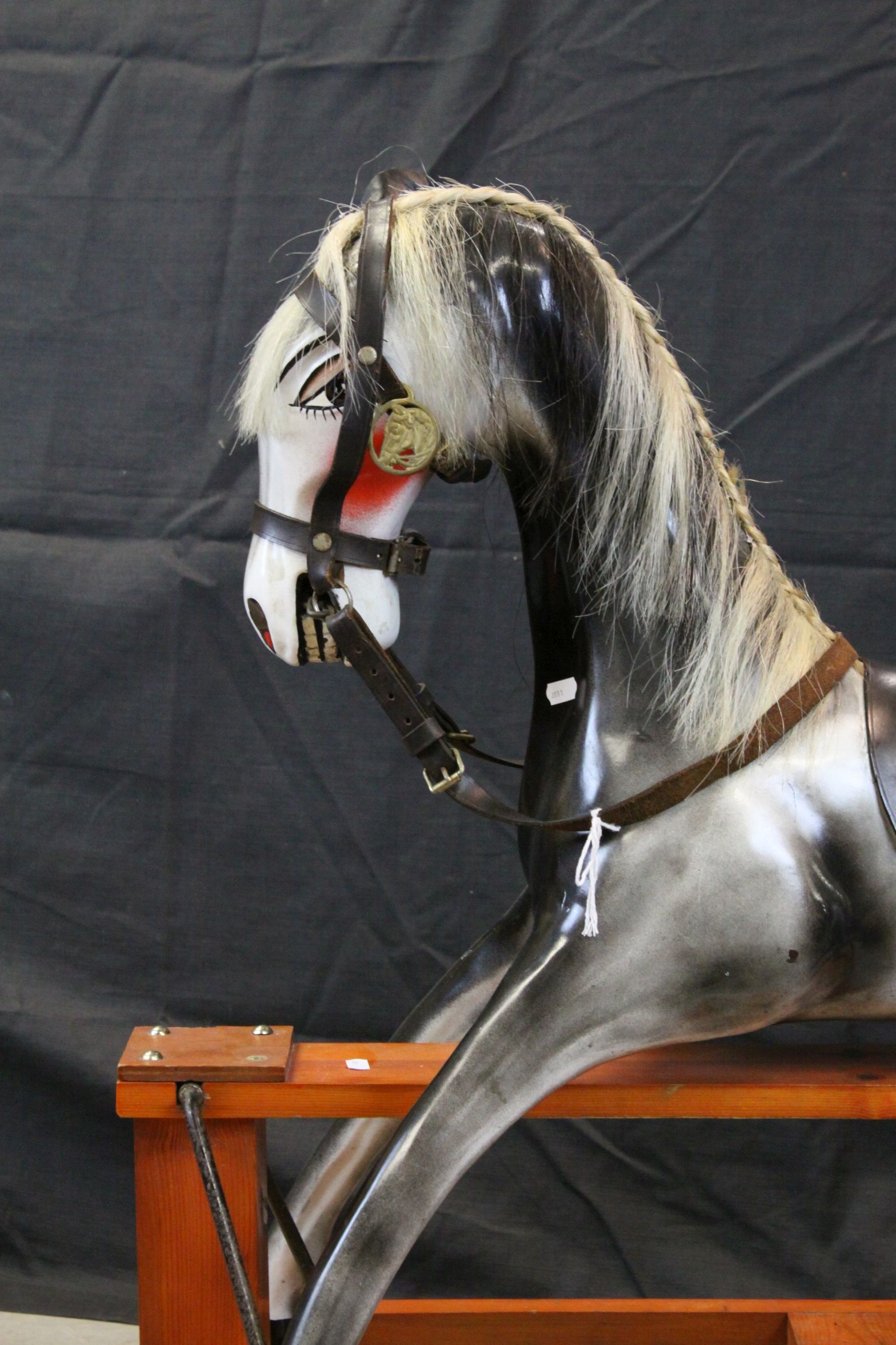 Fibreglass Grey Rocking Horse with Leather Bridle and Saddle, Horse Hair Mane & Tail, raised on a - Image 3 of 9