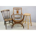 Victorian Elm Seated Lathe Back Kitchen Chair, Tall Em Seated Stool and an Edwardian Mahogany Inlaid
