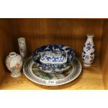 Two Famille Rose vases with figurative decoration, a blue and white Chinese vase with dragon