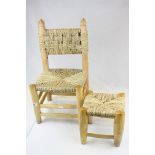 Rustic Hand Carved Child's Chair and Footstool with Woven Rush Seat and Back