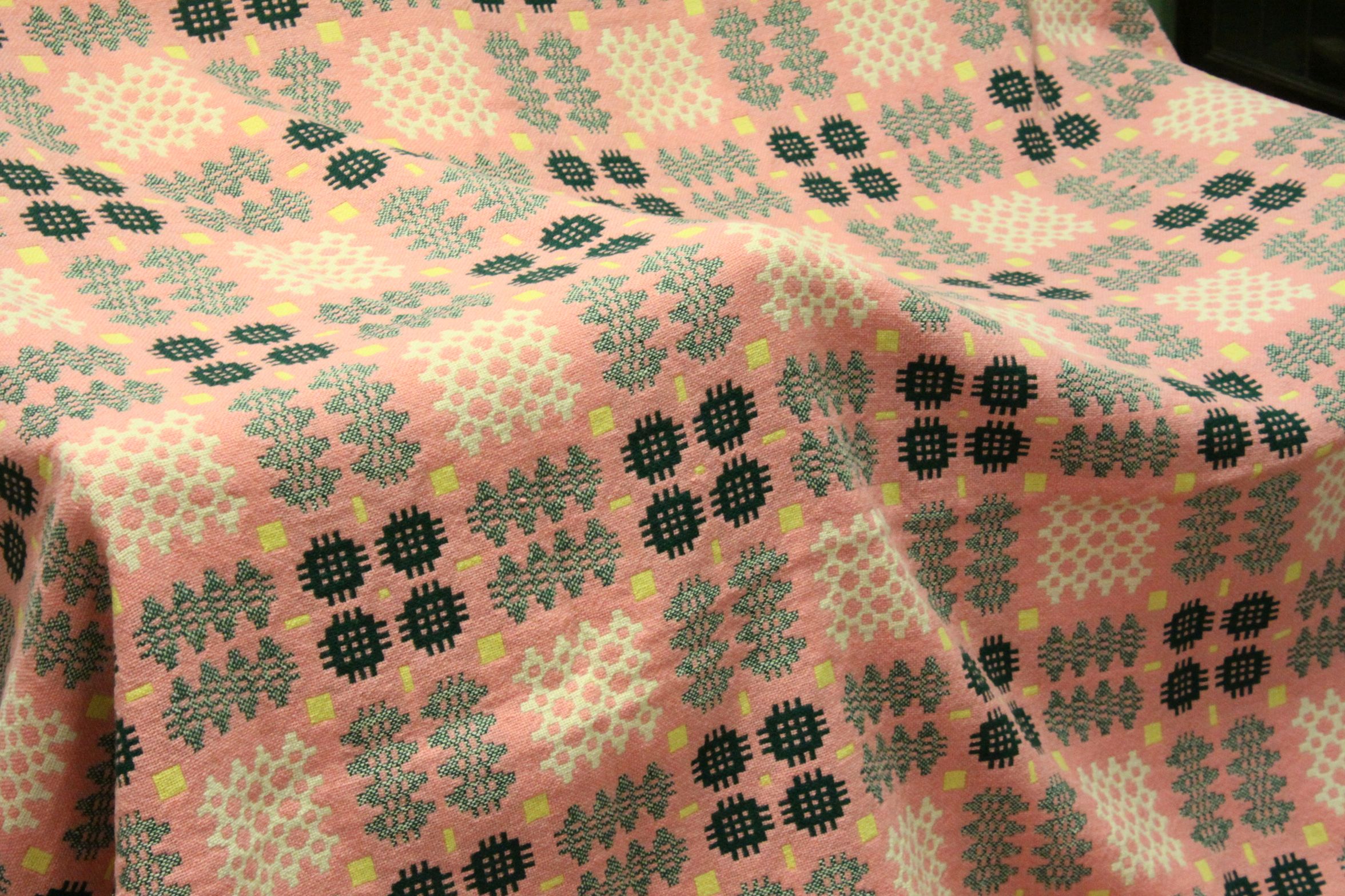Two Welsh Blankets, Yellow, Pink and Green Geometric Pattern, the largest with label ' A Derw - Image 2 of 5