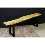 Hand Crafted Bench, the seat made from a single plank of oak and raised on wrought iron legs, 155cms