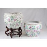 Two Contemporary Chinese Fish Bowls / Jardiniere, each decorated with flowers and foliage and