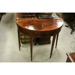 Regency String Inlaid Mahogany Demi-Lune Card Table, the fold-over top opening to reveal a green