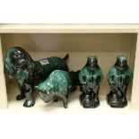 Blue Mountain Pottery - Large Spaniel Dog, Bison and a Pair of Standing Bears, tallest 29cms