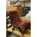 Victorian Nursing Chair with Ebonised Scroll End Frame and Button Back Upholstery, raised on