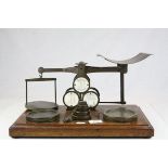 Victorian Oak Postal Scales by Houghton & Sons, London with Weights, 42cms wide