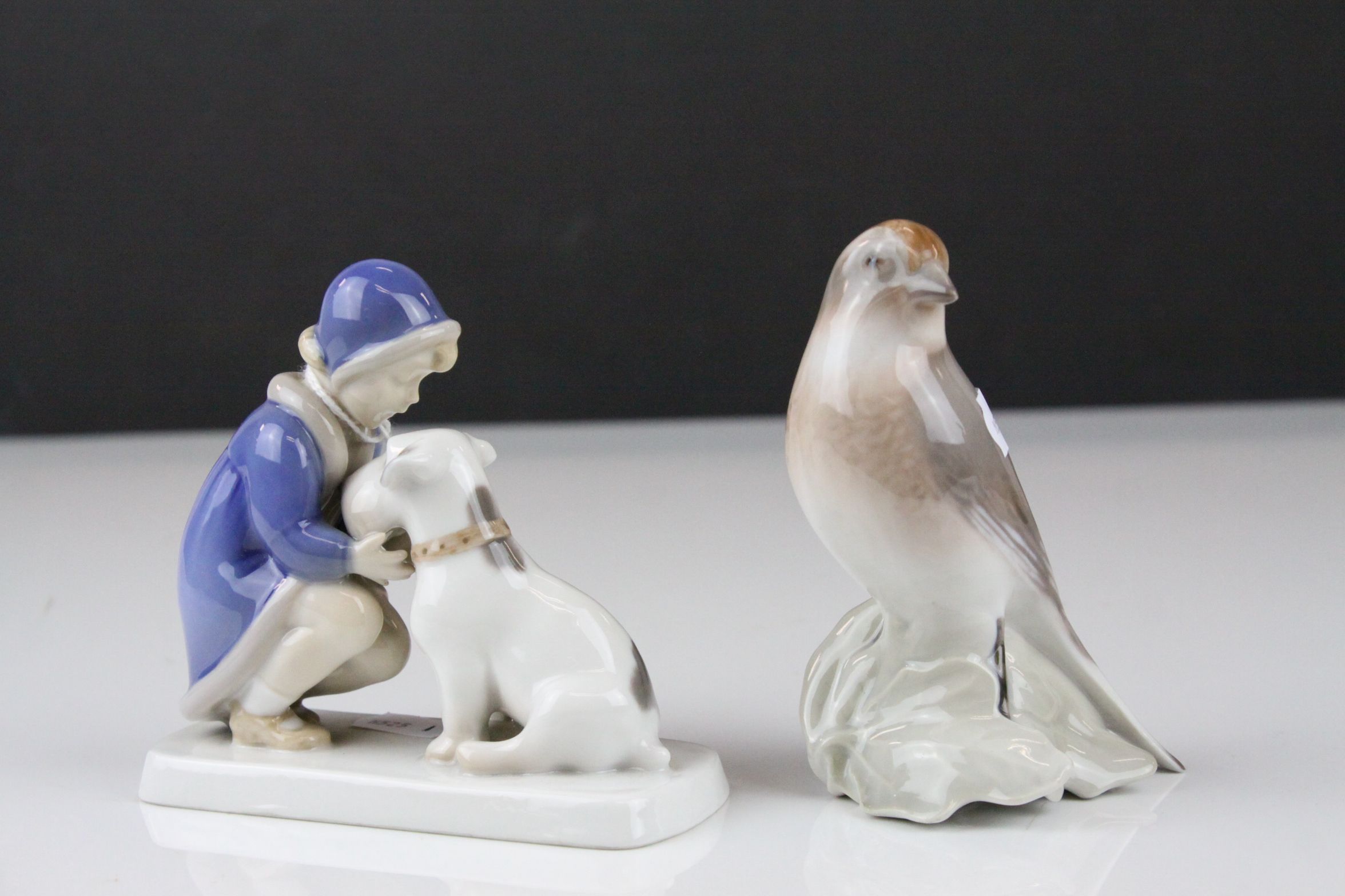 Two Danish Copenhagen B & G Porcelain Models - Girl with Dog no. 2163 F and Bird no. 2020 B, bird