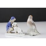 Two Danish Copenhagen B & G Porcelain Models - Girl with Dog no. 2163 F and Bird no. 2020 B, bird
