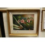 A gilt framed oil on canvas of flowers and fauna in a tazza, signed Van Hunt, 28.5 x 36cm